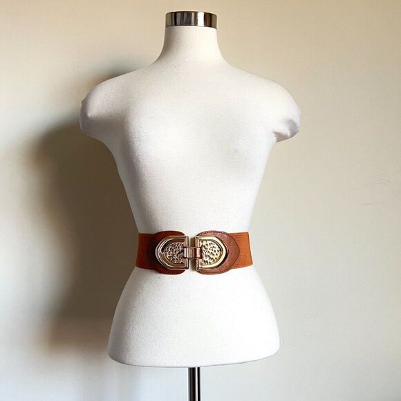 Wide Brown Stretch Belt with Gold Buckle – Statement Waist Cincher Accessories - Picture 2 of 2